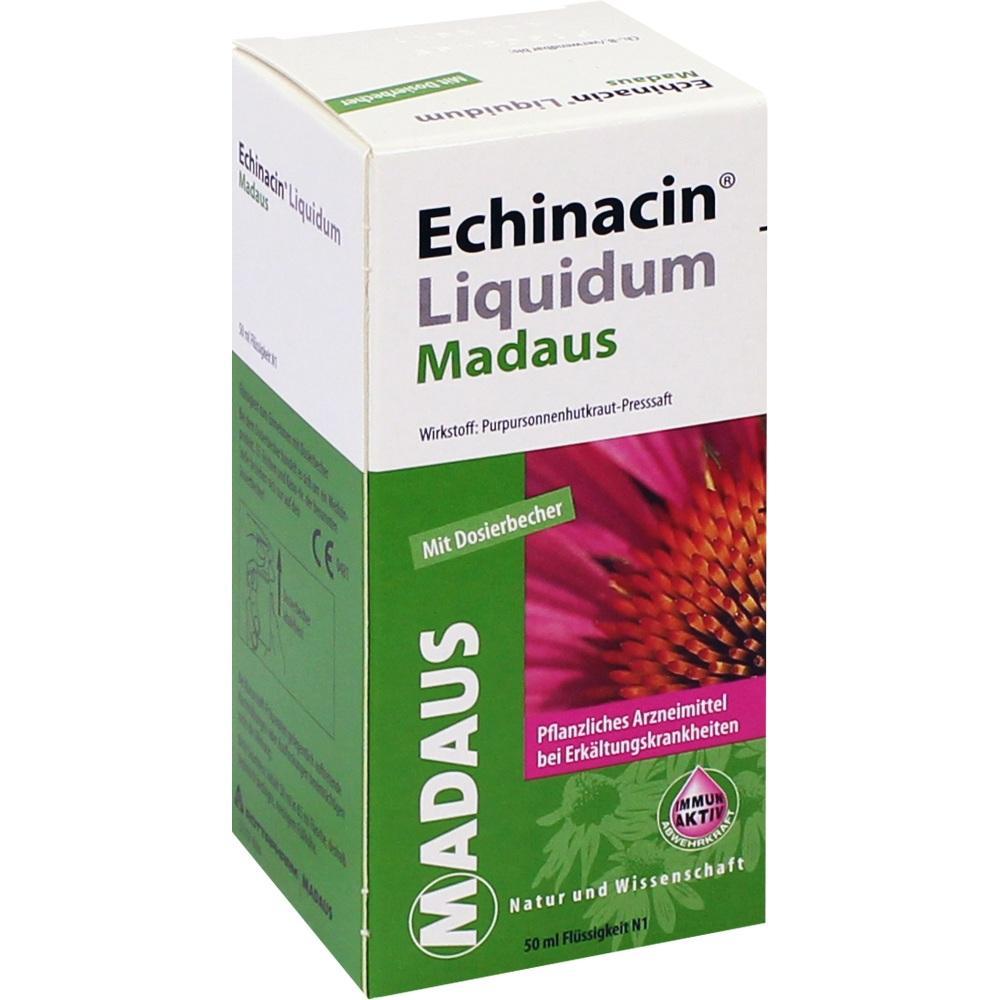 Grüne und weiße Verpackung von Echinacin Liquidum Madaus gegen Erkältung.