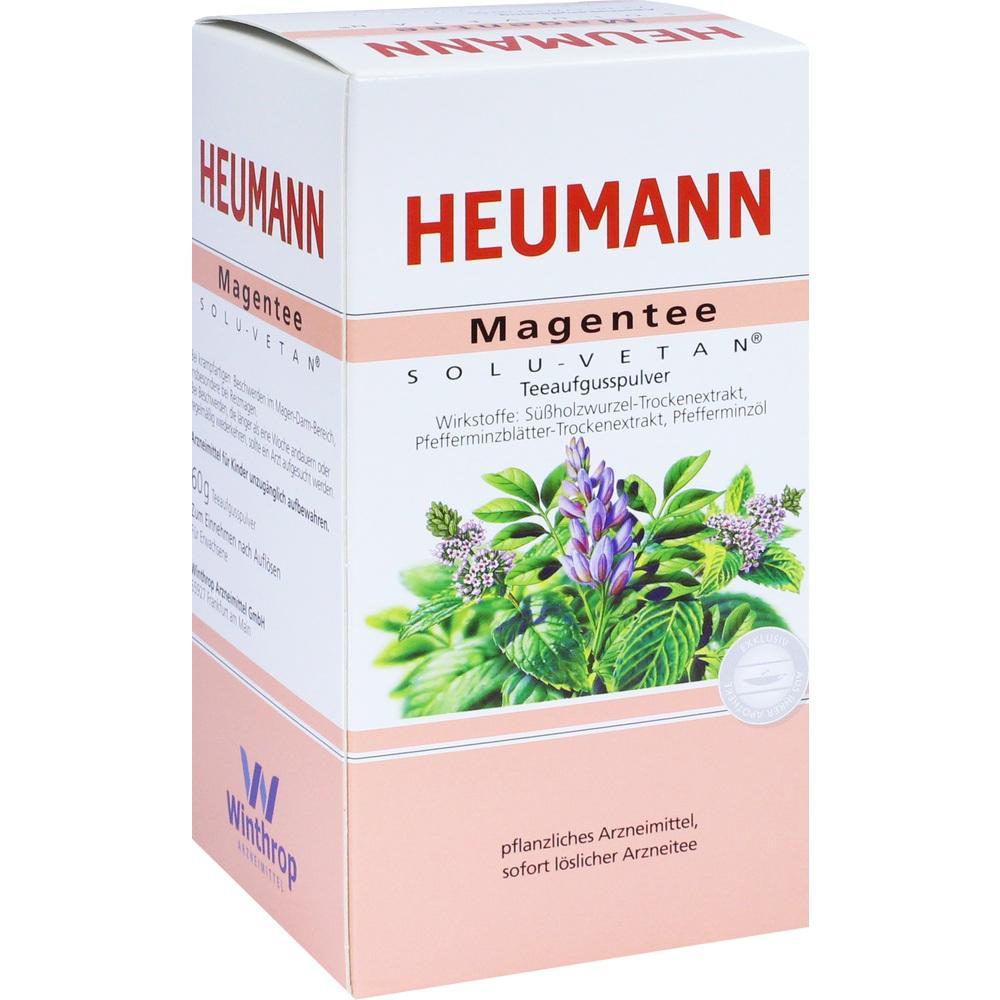 Eine Schachtel mit Heumann Magentee und Kr&auml;uterabbildungen auf der Vorderseite.