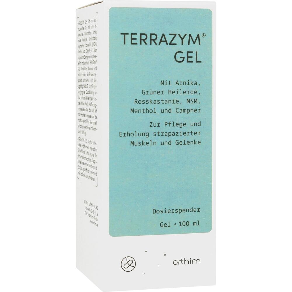 Eine wei&szlig;e Flasche mit rotem Etikett, darauf steht "Terrazym Gel".