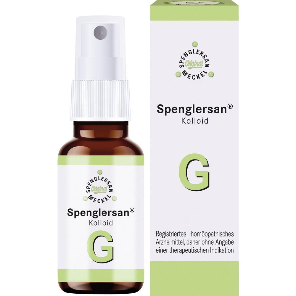 Braunes Fläschchen und weiße Verpackung mit grünem "G" und der Aufschrift "Spenglersan Kolloid".