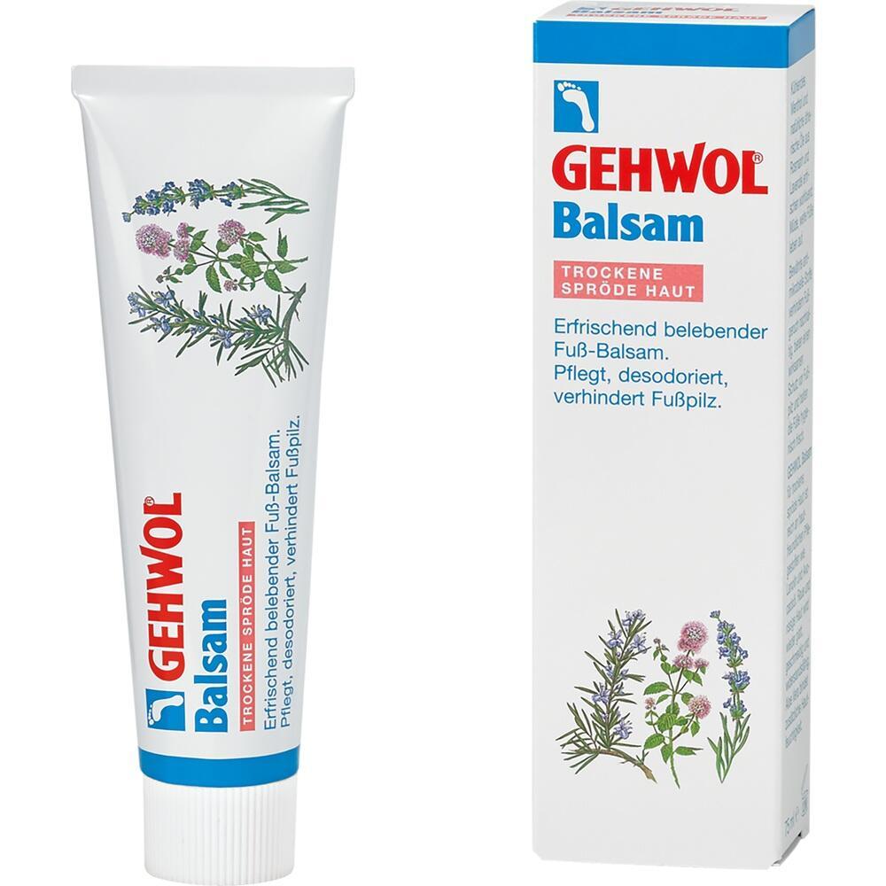 Eine Tube und Verpackung von Fu&szlig;balsam mit Kr&auml;uterbild.