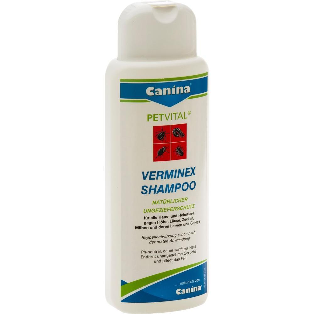 Wei&szlig;e Flasche mit Tier-Shampoo gegen Ungeziefer, Marke Canina Verminex.