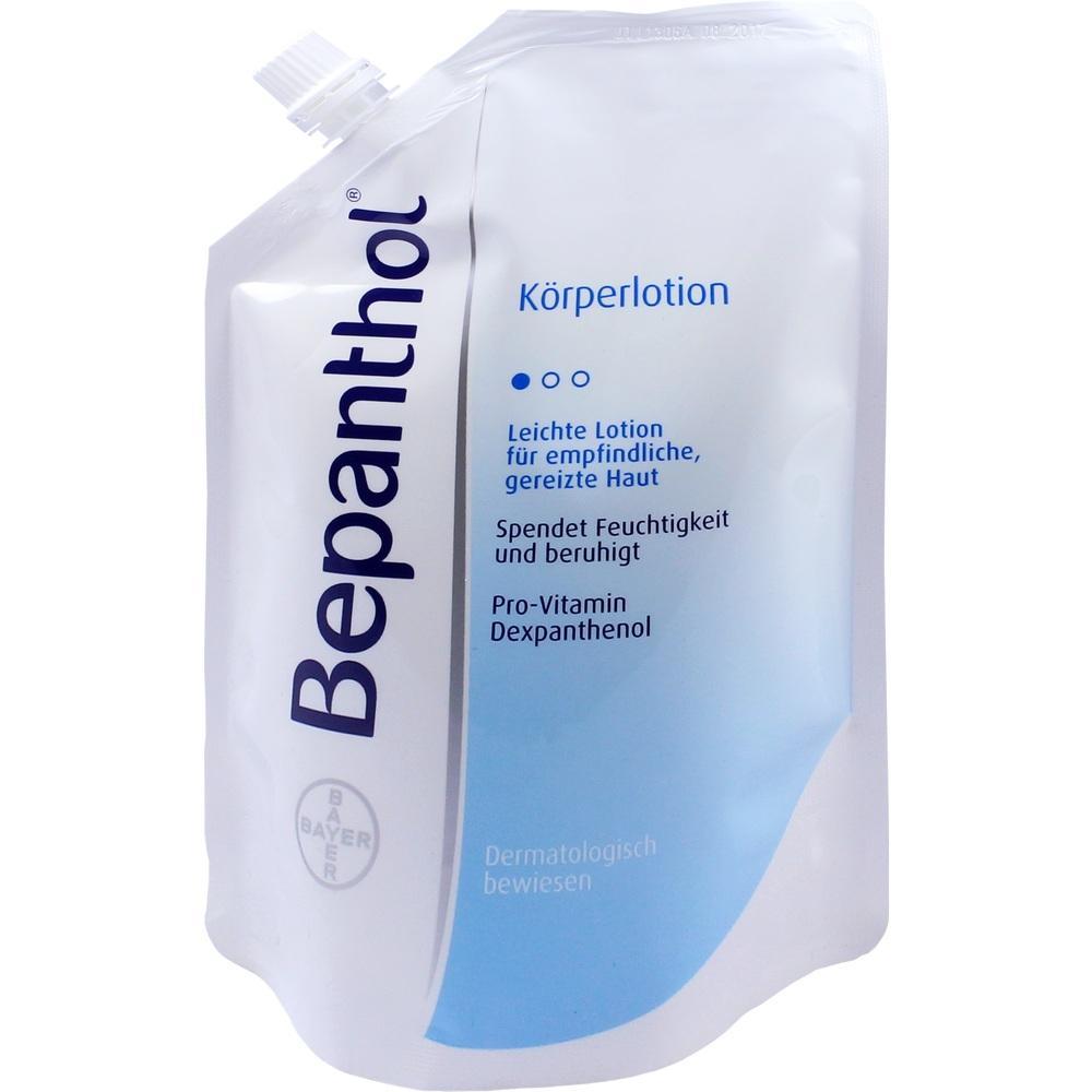Eine wei&szlig;e Nachf&uuml;llpackung f&uuml;r K&ouml;rperlotion mit blauem Aufdruck.