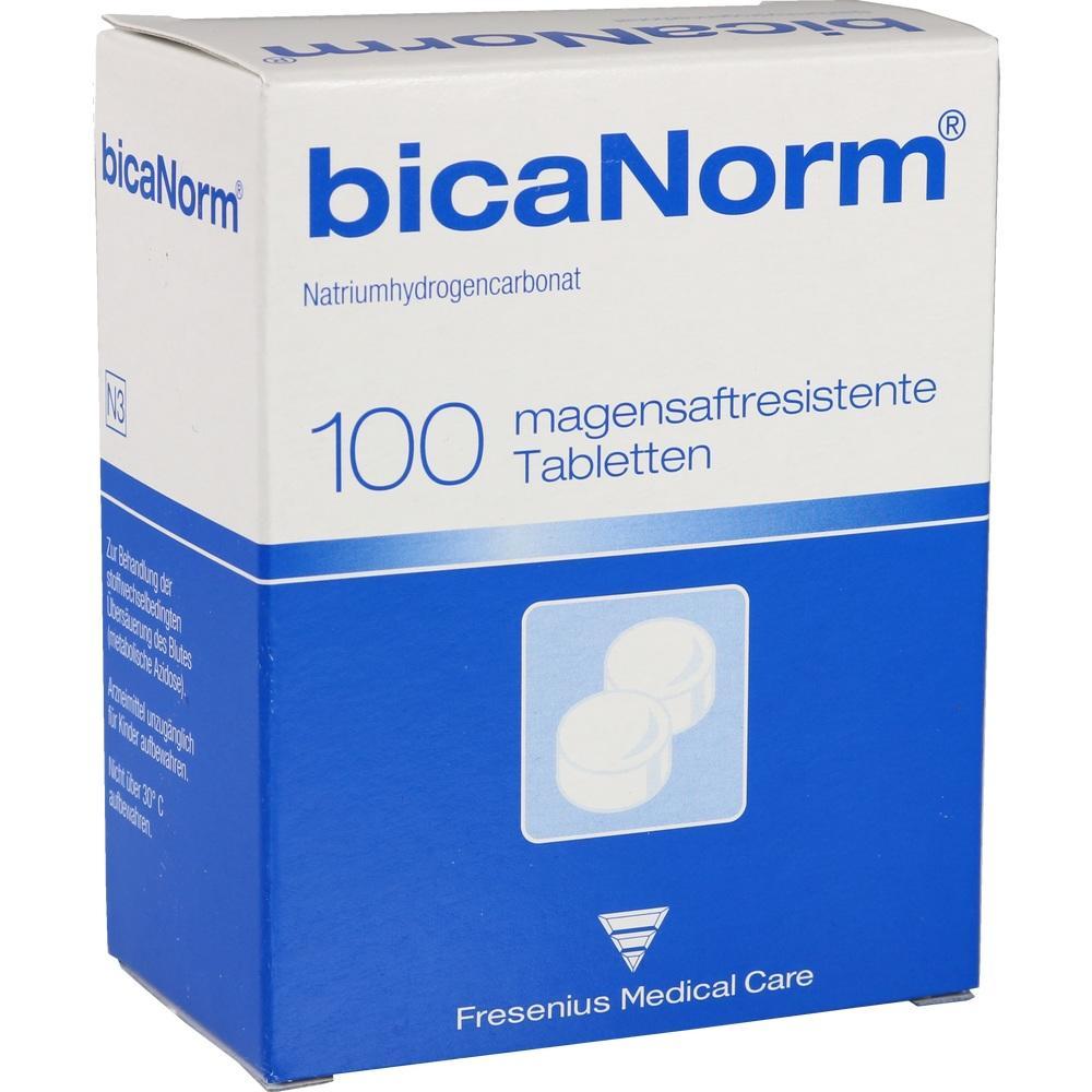 Wei&szlig;e Packung mit 100 magensaftresistenten Tabletten von bicaNorm.