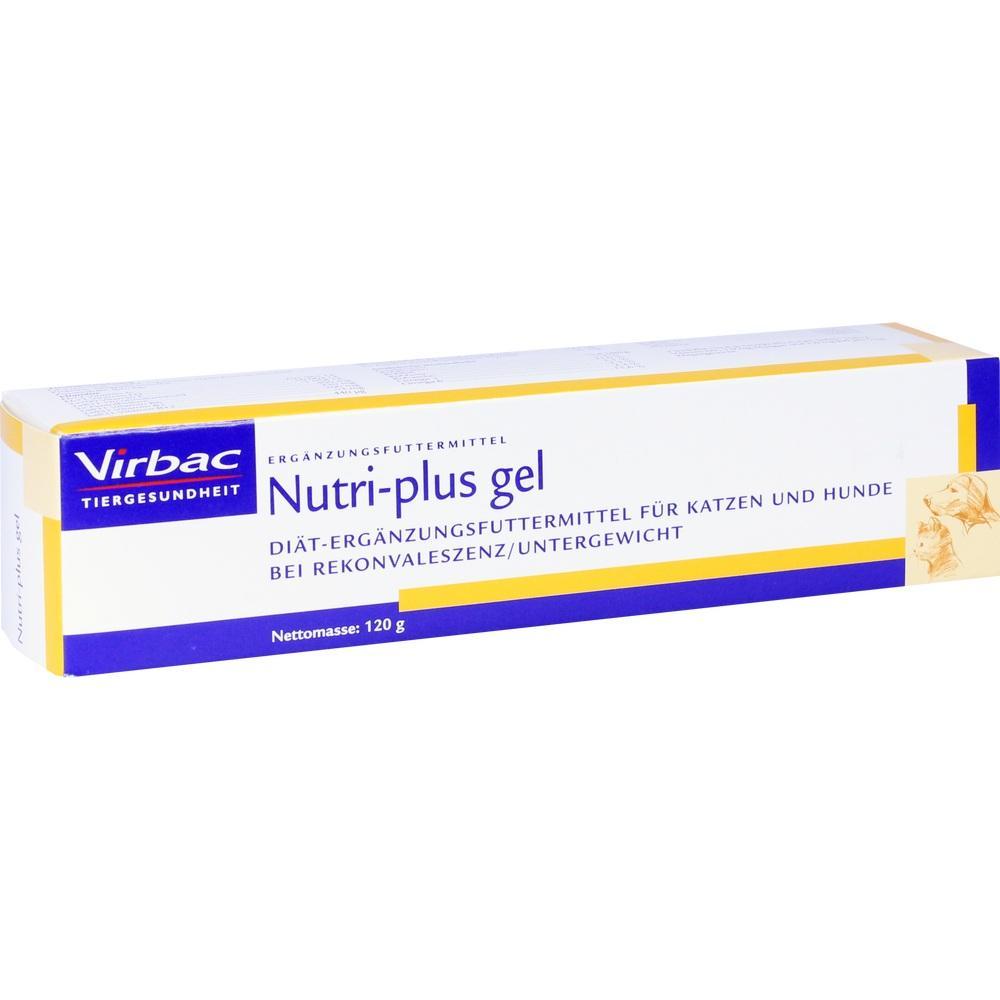 Eine wei&szlig;e Packung mit Nutri-plus Gel, ein Futtererg&auml;nzungsmittel f&uuml;r Katzen und Hunde.
