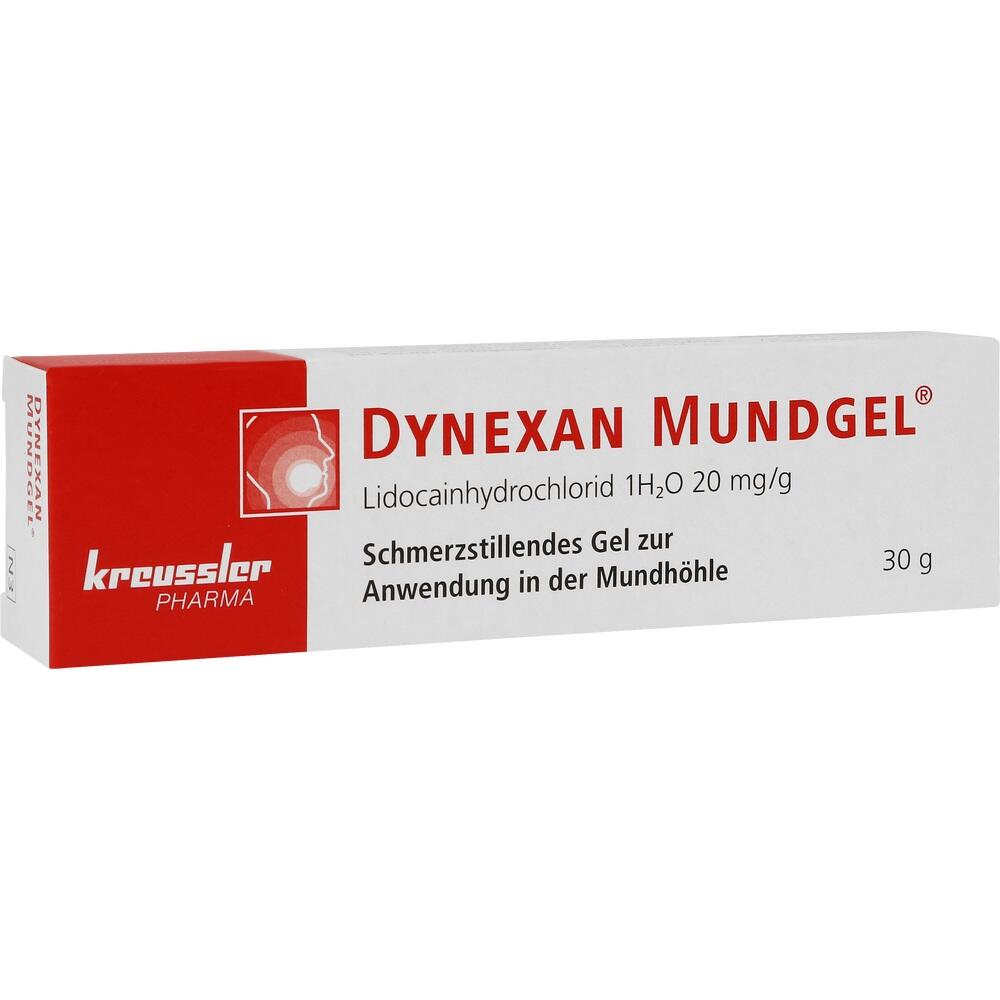 Rote und wei&szlig;e Verpackung von schmerzlinderndem Mundgel mit 30 g Inhalt.