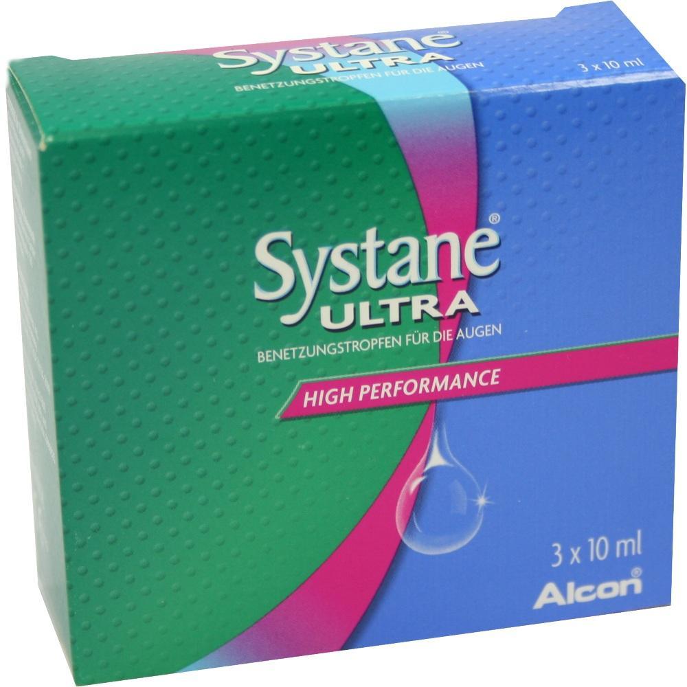 Gr&uuml;ne und blaue Verpackung von Systane Ultra Augentropfen.