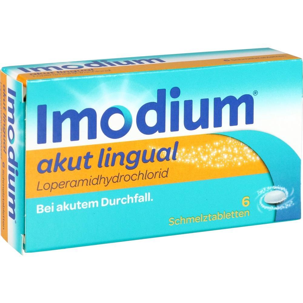 Schachtel Imodium Tabletten gegen akuten Durchfall, 6 Schmelztabletten.