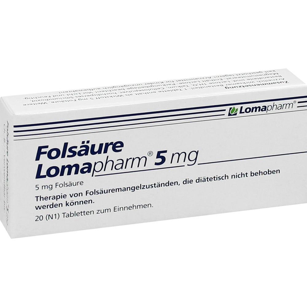 Eine Medikamentenpackung mit der Aufschrift "Fols&auml;ure Lomapharm 5 mg".