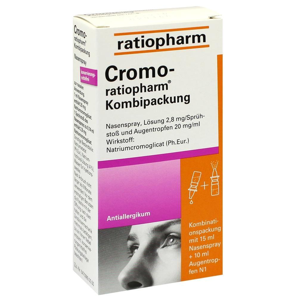 Eine Packung mit Nasenspray und Augentropfen gegen Allergien.