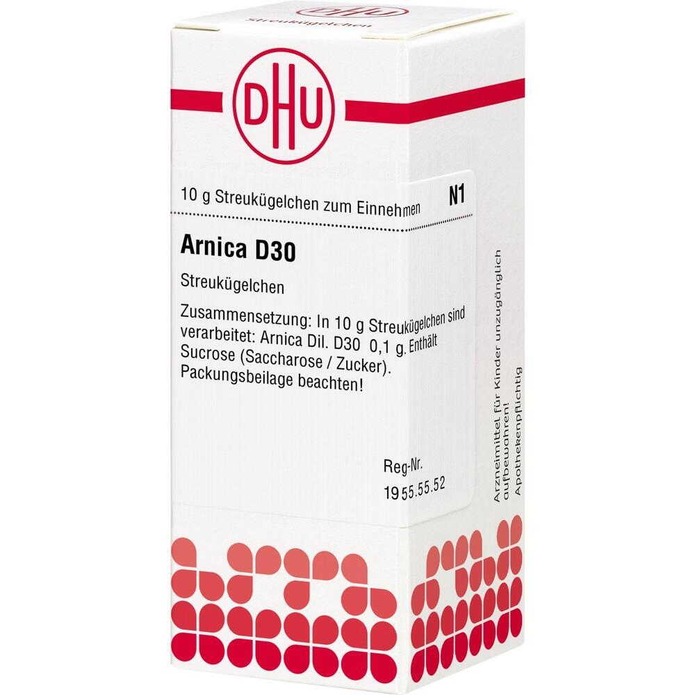 Weiße Medikamentenverpackung mit der Aufschrift "Arnica D30" und roten Mustern.