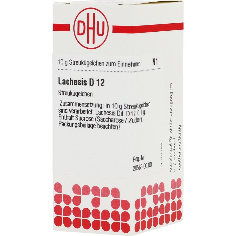 Weiße Packung mit roten Symbolen und der Aufschrift "Lachesis D 12 Streukügelchen".