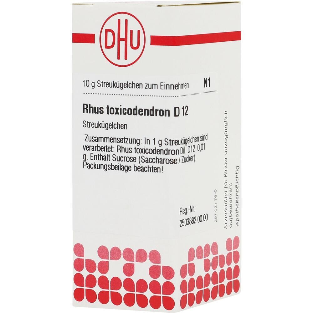 Eine Verpackung von Rhus toxicodendron D12 Streuk&uuml;gelchen.