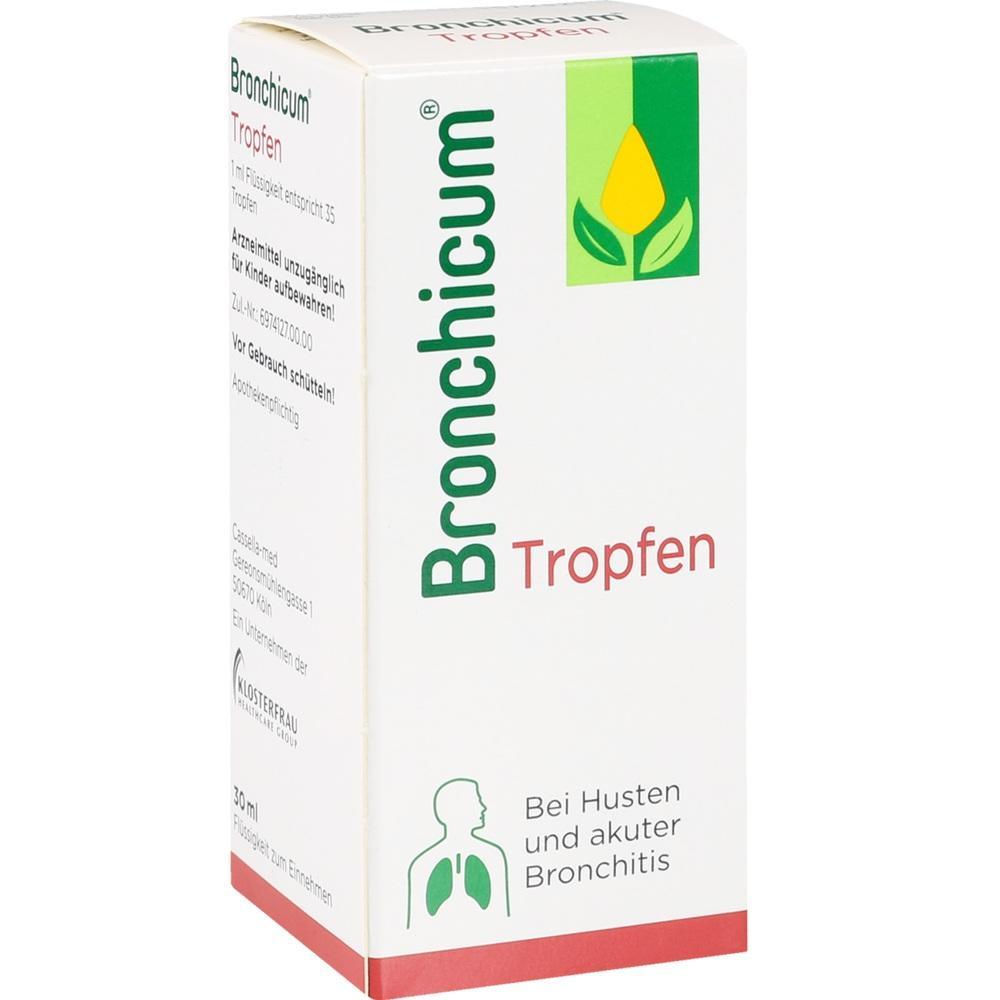 Wei&szlig;e Schachtel von Bronchicum-Tropfen gegen Husten und akute Bronchitis.