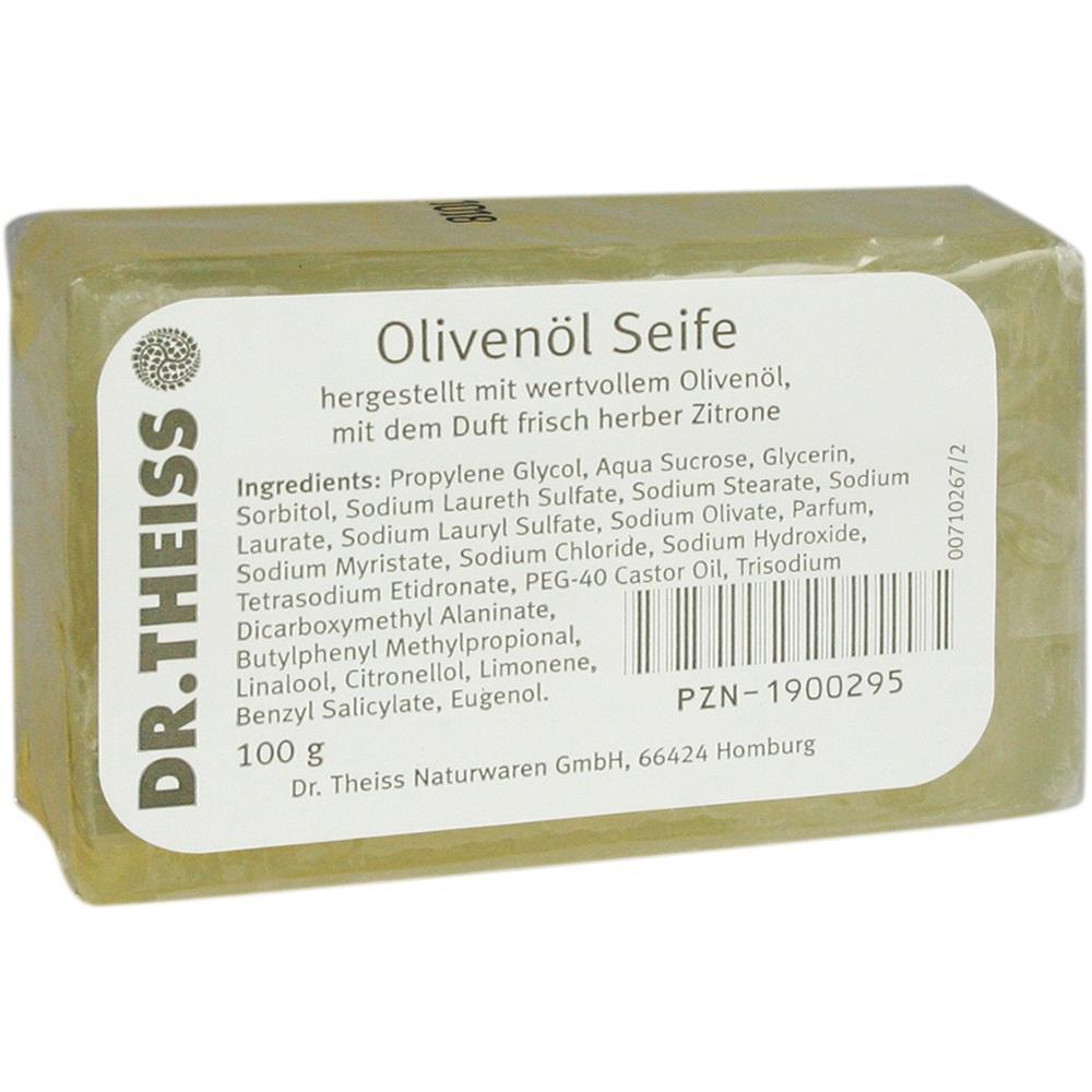 Eine Oliven&ouml;l-Seife in transparenter Verpackung mit Zutatenliste auf dem Etikett.