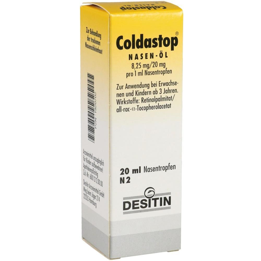 Eine gelbe Packung Coldastop Nasen-Öl zur Behandlung trockener Nasenschleimhaut.