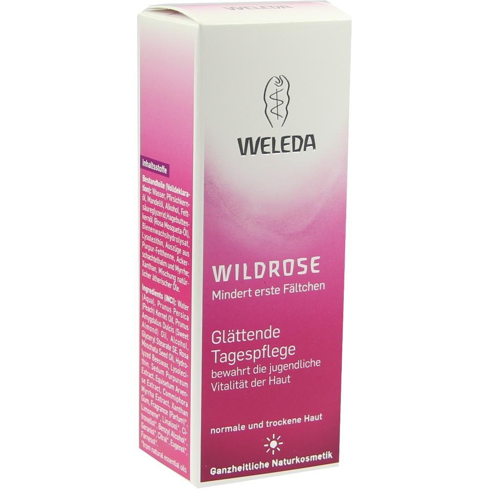 Pinkfarbene Weleda-Verpackung f&uuml;r gl&auml;ttende Tagespflege mit Wildrosenextrakt.