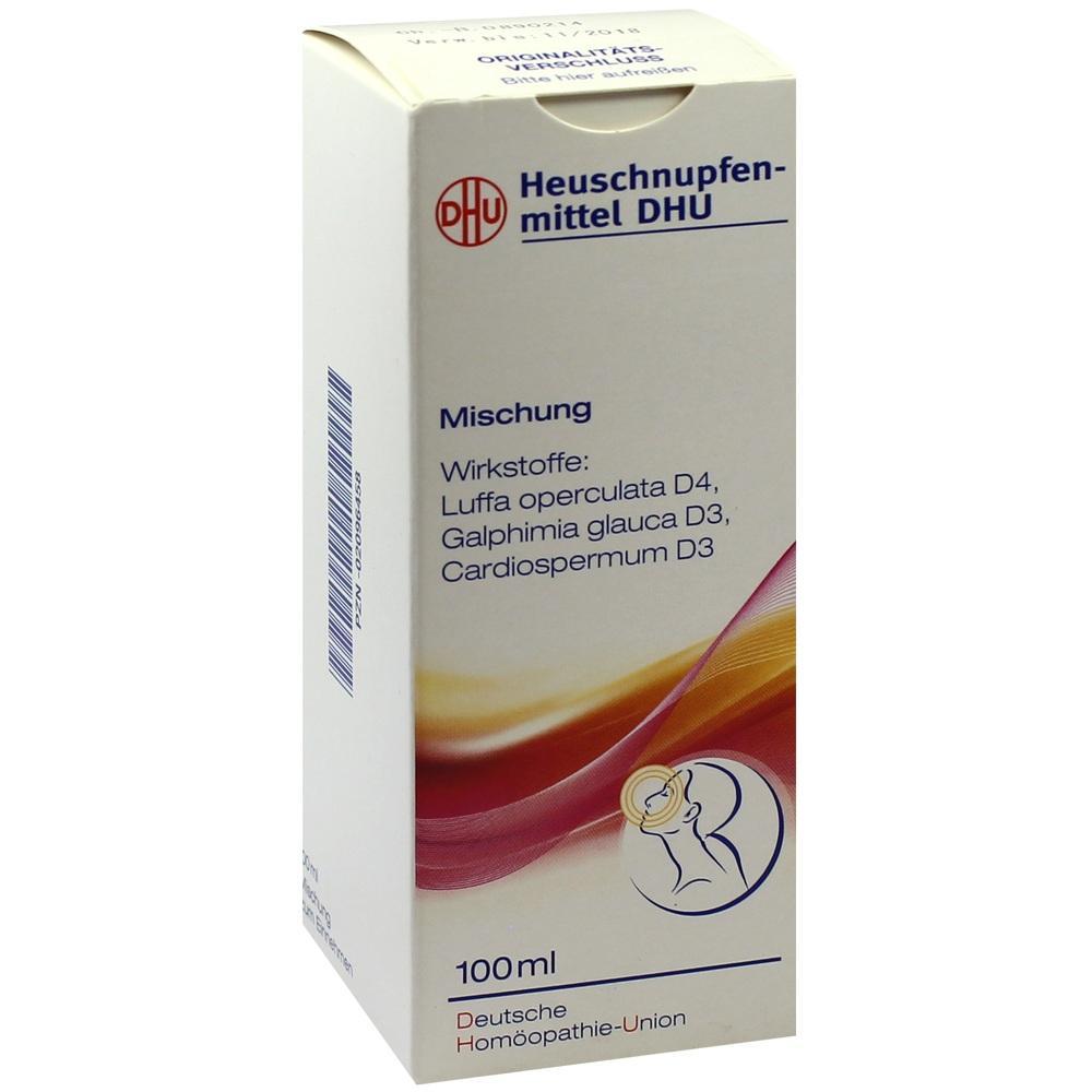 Wei&szlig;e Packung eines hom&ouml;opathischen Heuschnupfenmittels der Marke DHU, 100 ml.