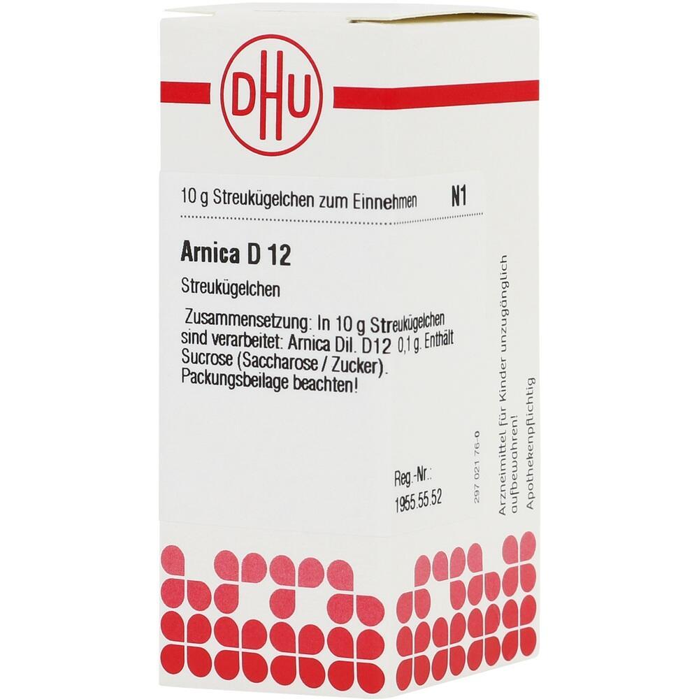 Weiße Medikamentenpackung mit der Aufschrift "Arnica D 12" und rotem Logo.