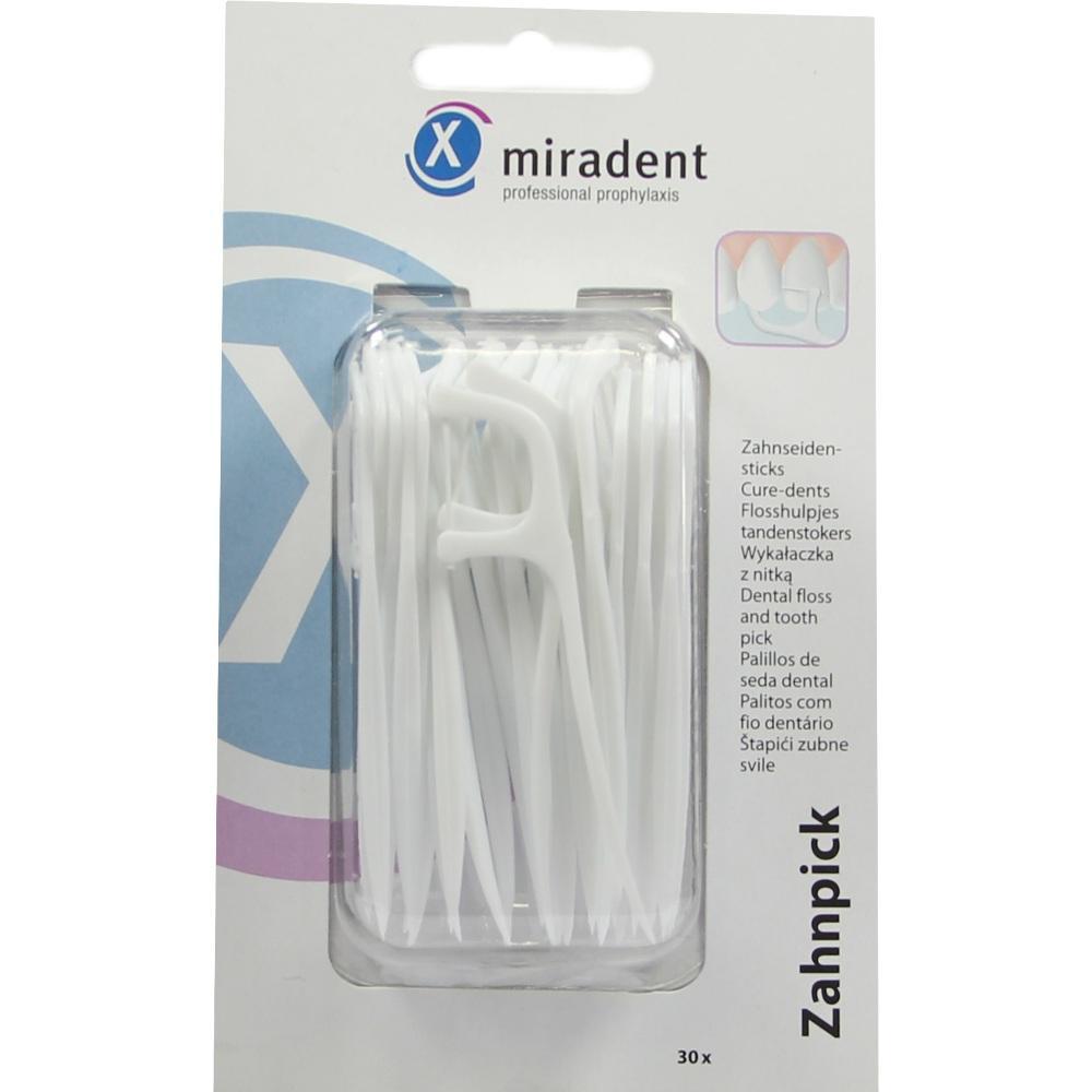 Eine Packung mit 30 wei&szlig;en Zahnseidensticks der Marke Miradent.