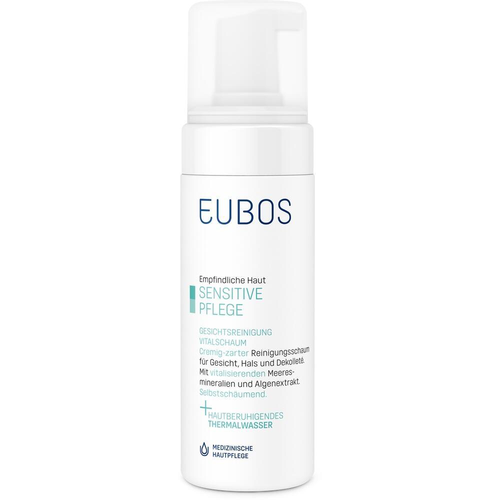 Wei&szlig;e Flasche mit EUBOS Gesichtsreinigungsschaum f&uuml;r empfindliche Haut.