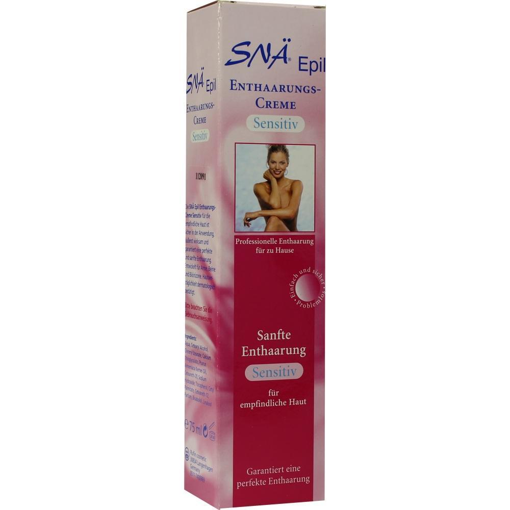 Rosa und wei&szlig;e Verpackung einer Enthaarungscreme f&uuml;r sensible Haut.