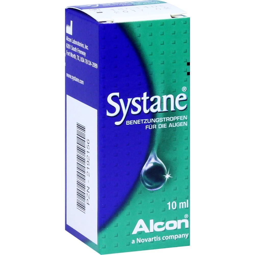 Eine blau-gr&uuml;ne Schachtel mit Augentropfen von Systane.