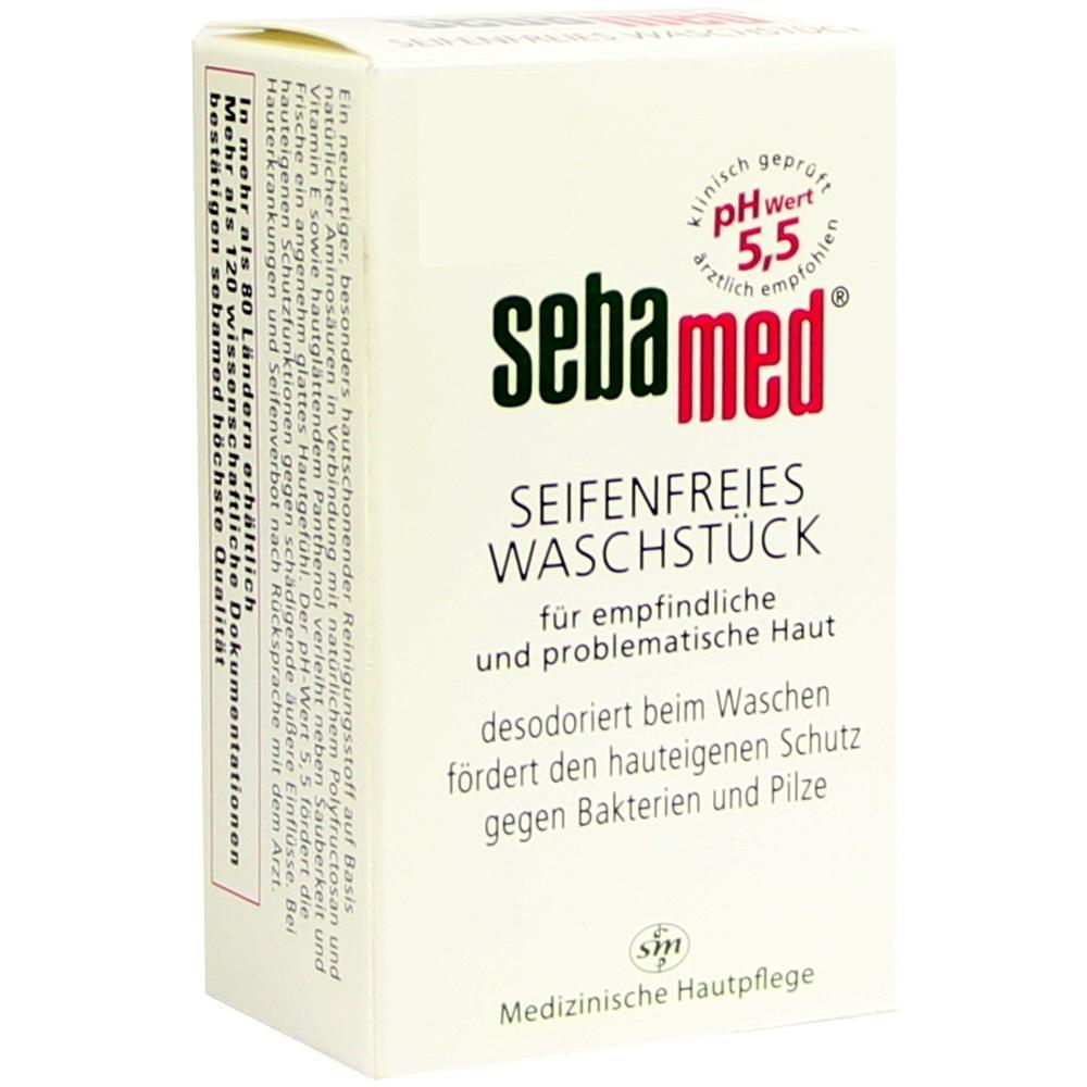 Verpackung eines seifenfreien Waschst&uuml;cks f&uuml;r empfindliche Haut mit pH-Wert 5,5.