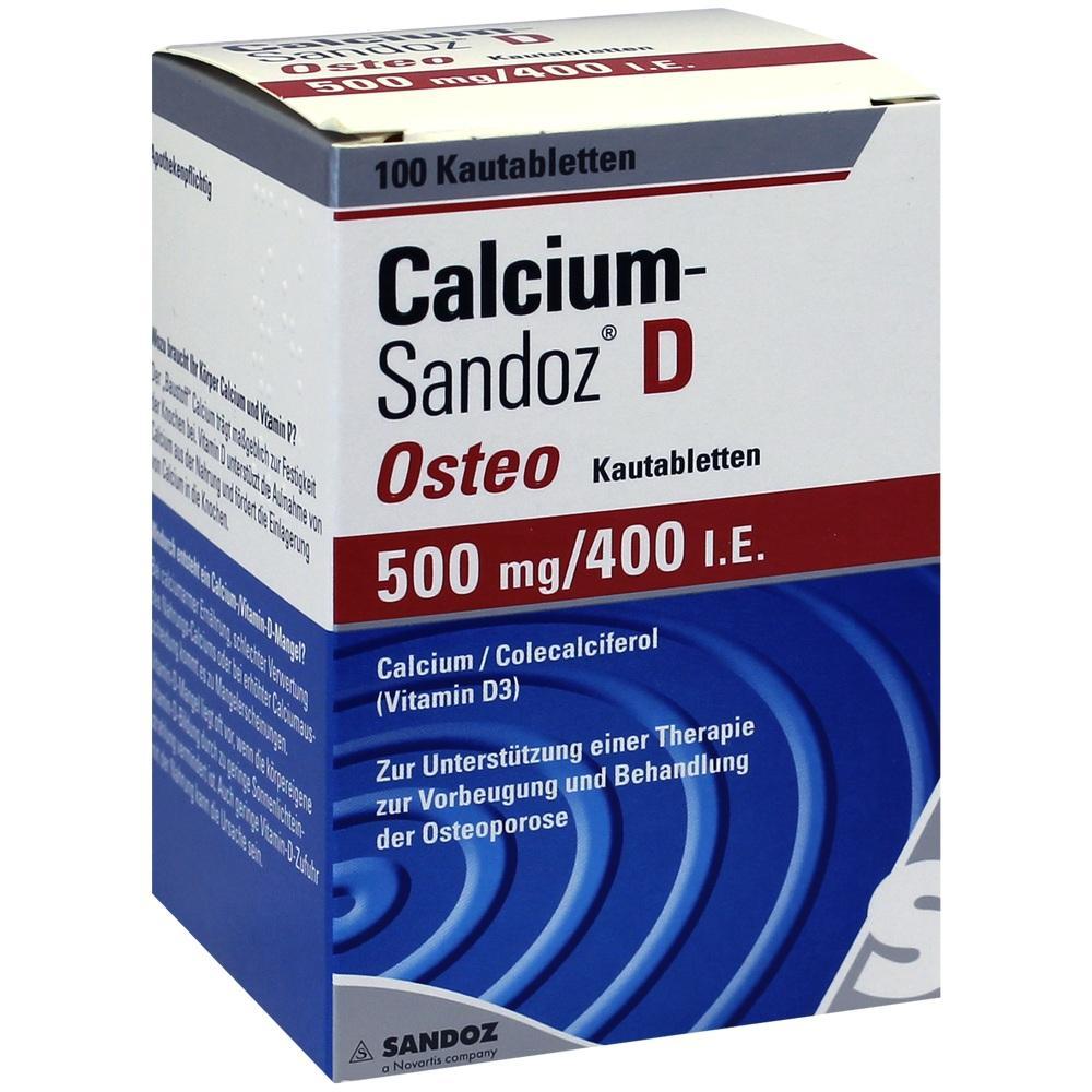 Das Bild zeigt eine Packung Kautabletten namens Calcium-Sandoz D Osteo.