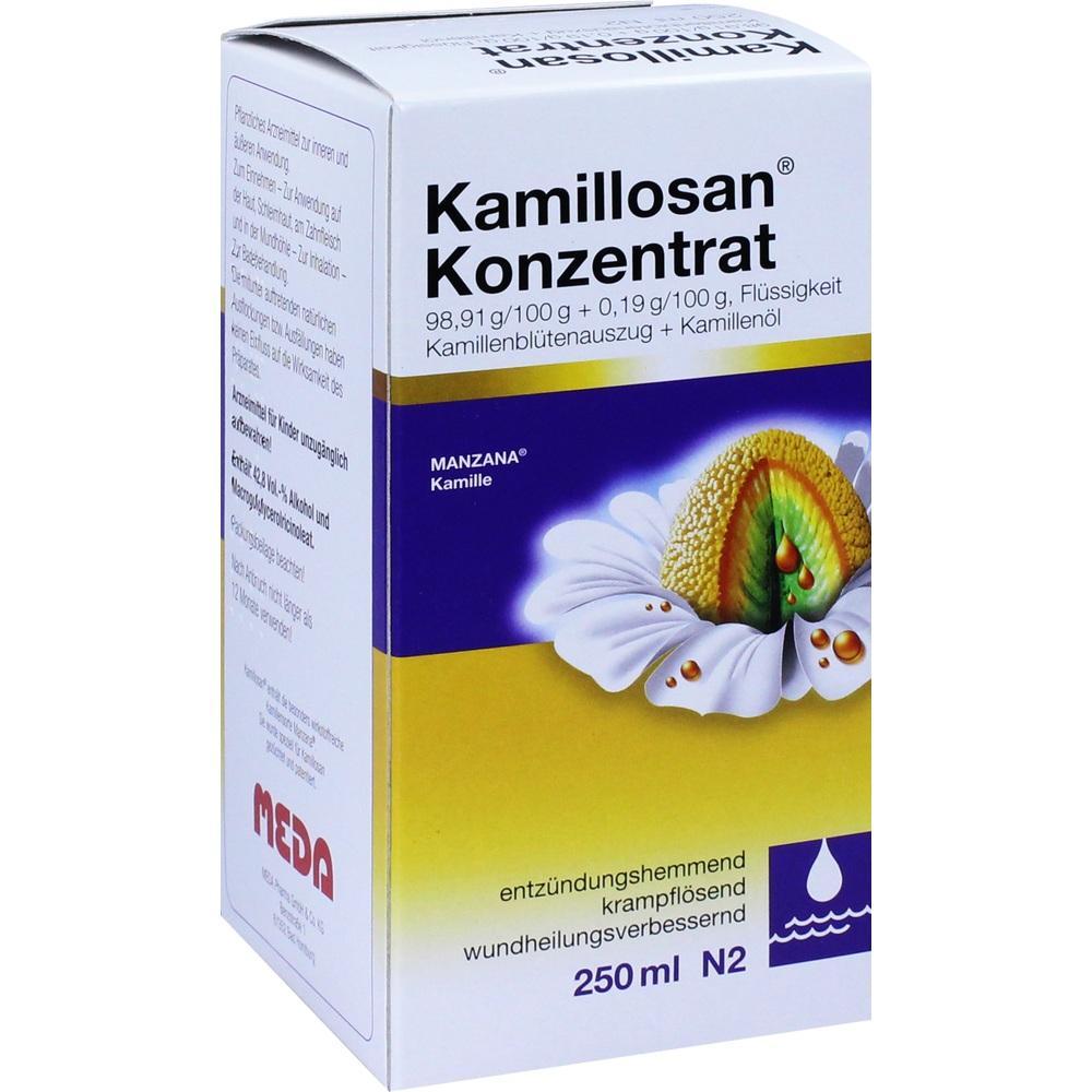 Eine Packung Kamillosan Konzentrat mit Kamillenblüten und Kamillenöl.