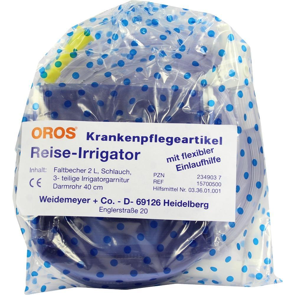Verpacktes Set f&uuml;r Reise-Irrigator mit Schl&auml;uchen und Beutel in Plastikfolie.
