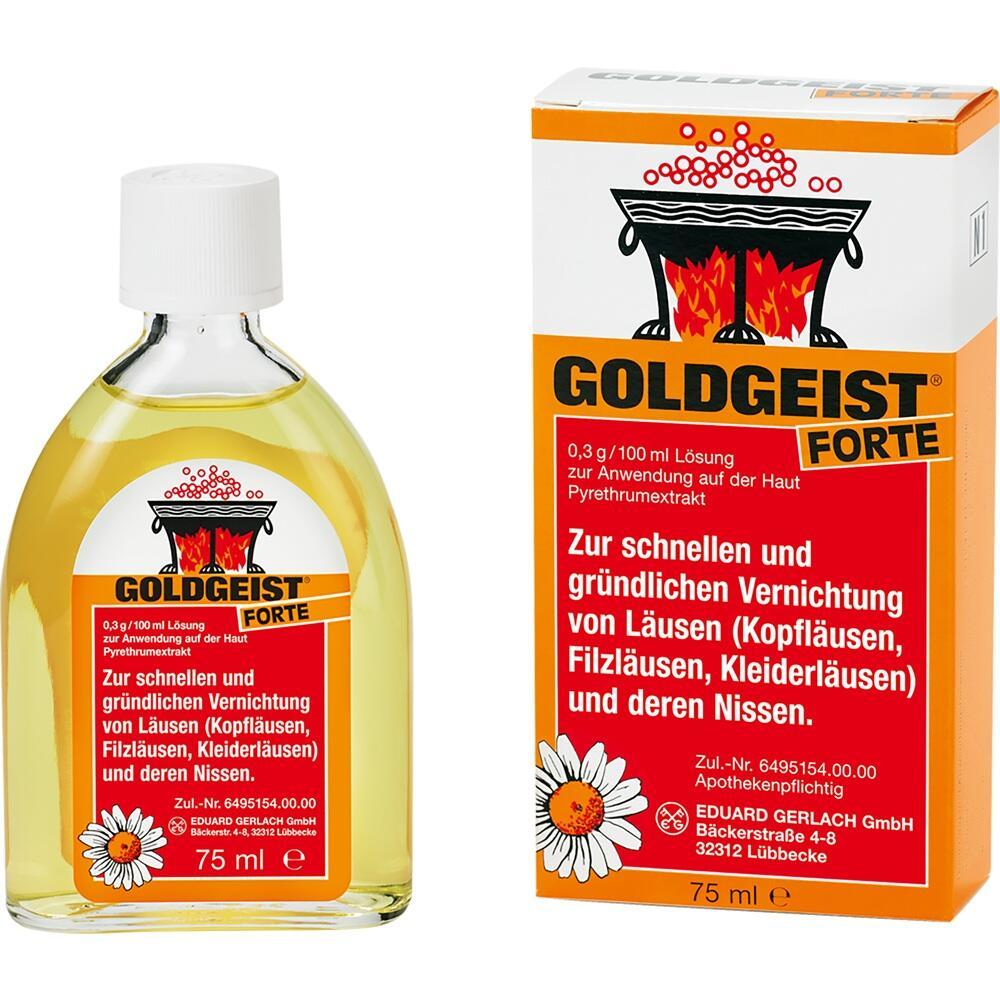 Flasche und Verpackung von Goldgeist Forte gegen L&auml;use auf rotem Hintergrund.