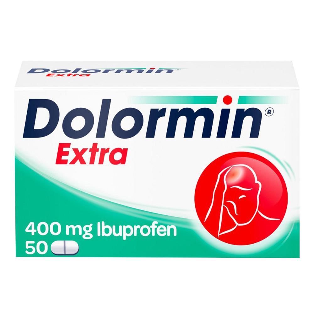 Die Packung zeigt Dolormin Extra Tabletten gegen Schmerzen und Fieber.