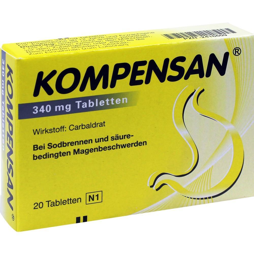 Gelbe Verpackung von Kompensan Tabletten gegen Sodbrennen, mit 20 Tabletten.