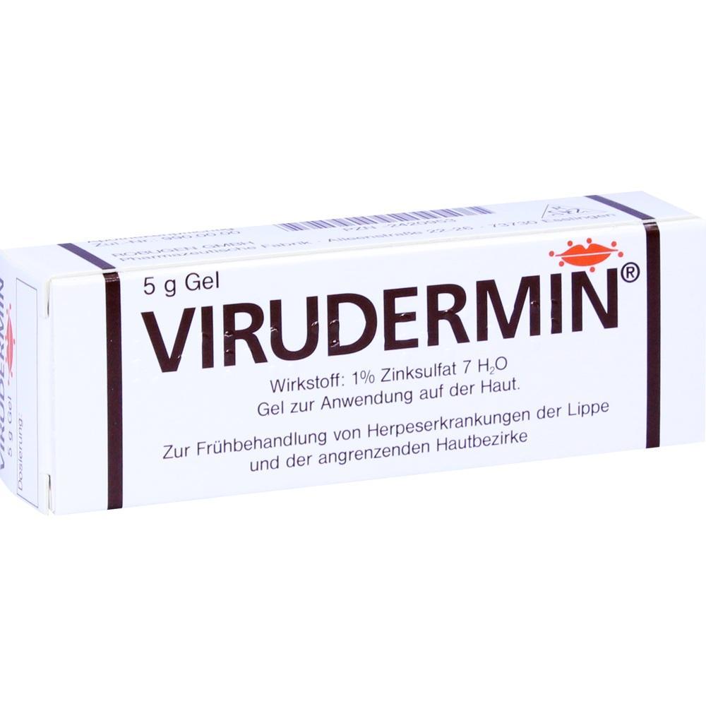 Eine Packung Virudermin-Gel zur Behandlung von Lippenherpes.