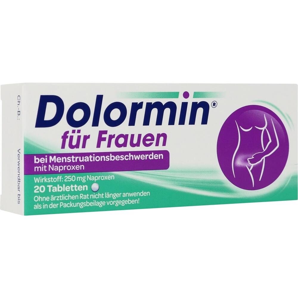 Verpackung von Dolormin Tabletten f&uuml;r Frauen gegen Menstruationsschmerzen.