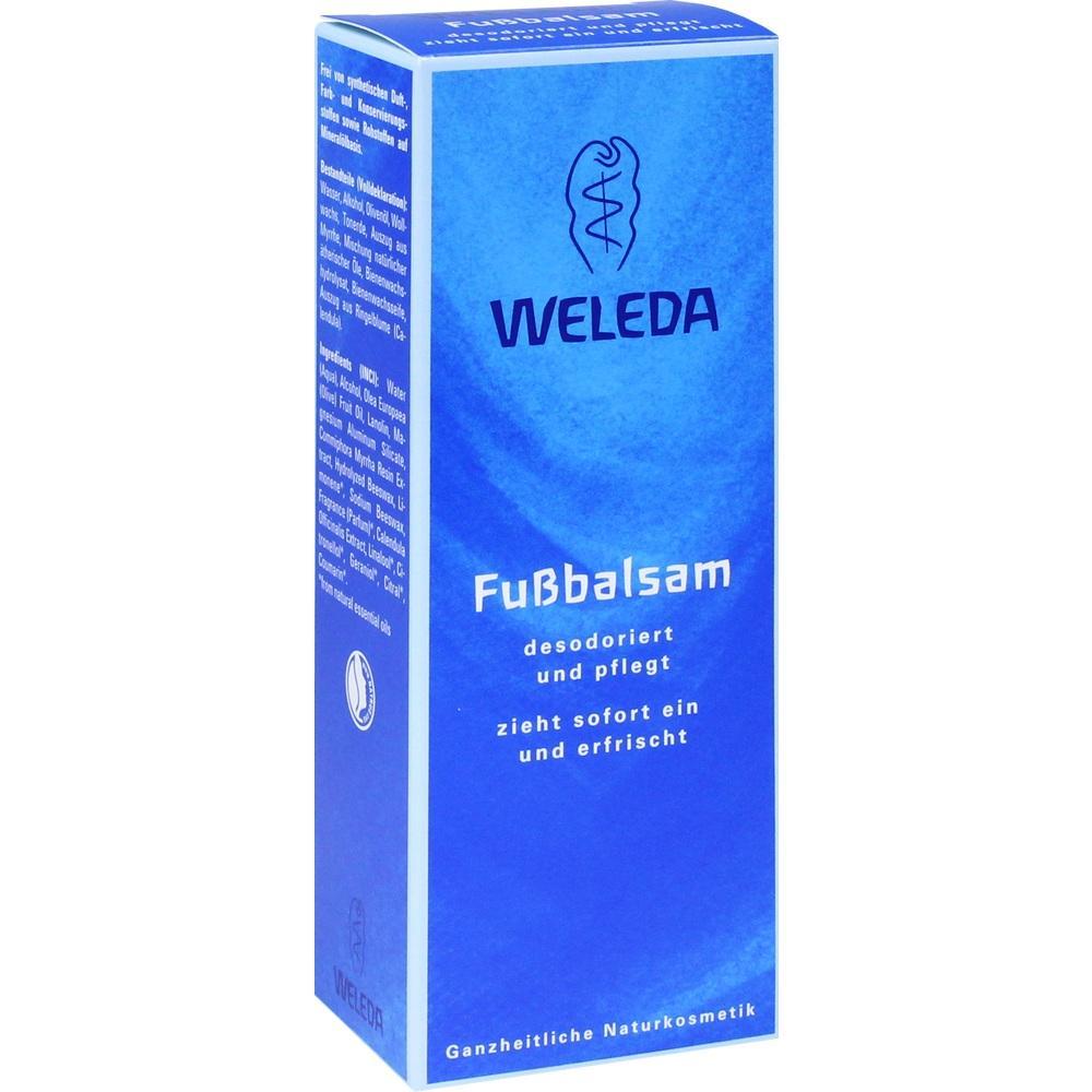Eine blaue Verpackung von Weleda Fu&szlig;balsam mit wei&szlig;em Text.