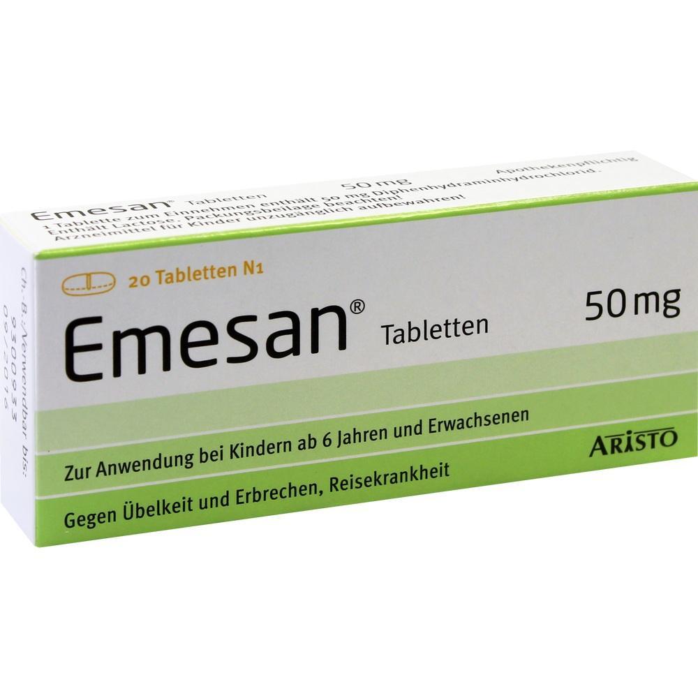 Eine Packung Emesan-Tabletten gegen &Uuml;belkeit und Erbrechen f&uuml;r Kinder und Erwachsene.