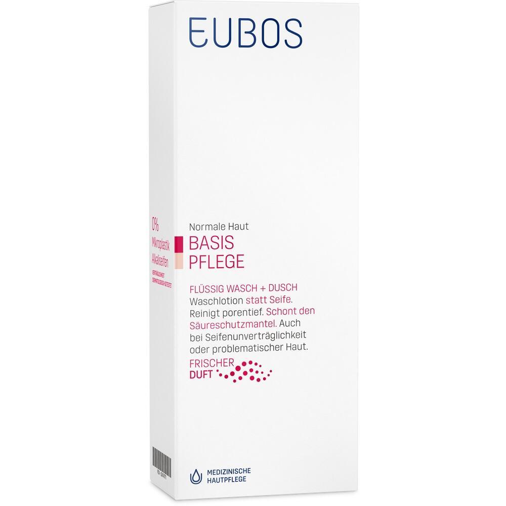 Eine wei&szlig;e Verpackung einer EUBOS Hautpflege-Waschlotion f&uuml;r normale Haut.