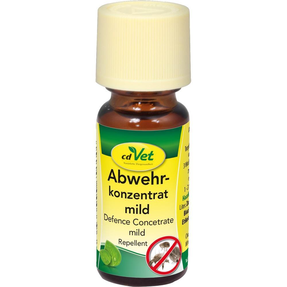 Braune Flasche mit gelbem Etikett, "Abwehrkonzentrat mild" gegen Insekten.