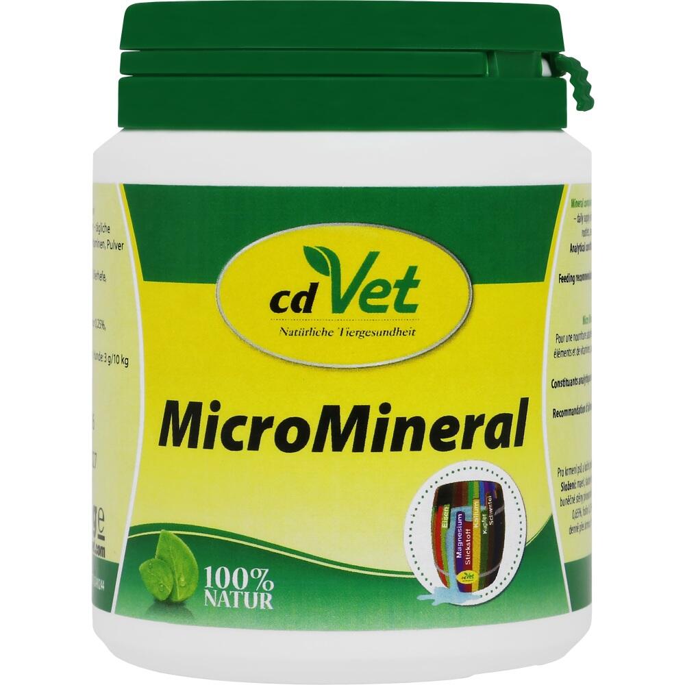 Wei&szlig;e Dose mit gr&uuml;nem Deckel und der Aufschrift "MicroMineral" von cdVet.