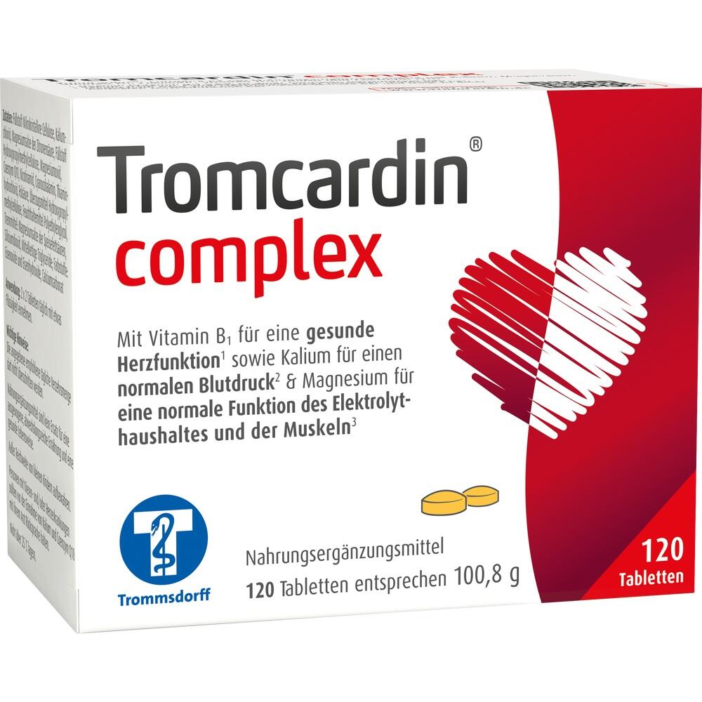 Packung von Tromcardin complex mit rotem Herzmotiv und Informationen zu Vitaminen und Mineralien.