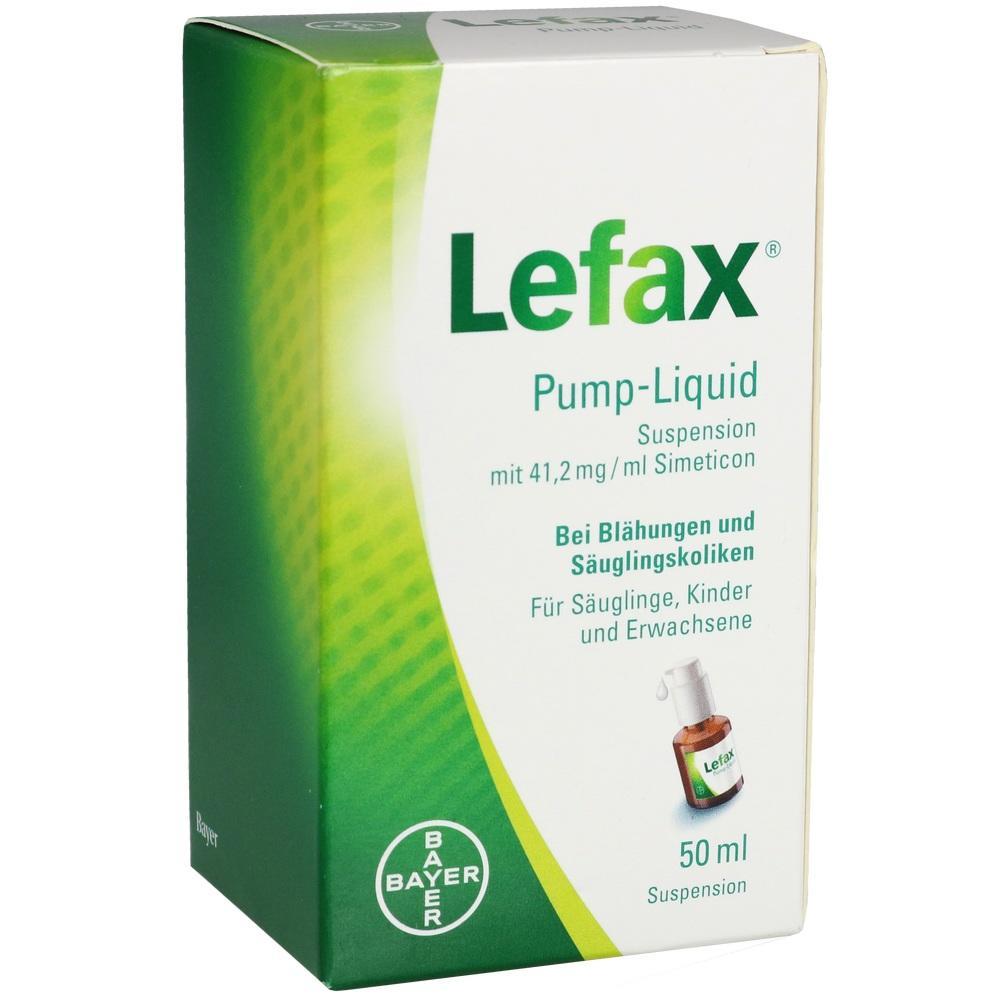 Verpackung von Lefax Pump-Liquid zur Linderung von Bl&auml;hungen, 50 ml Flasche.