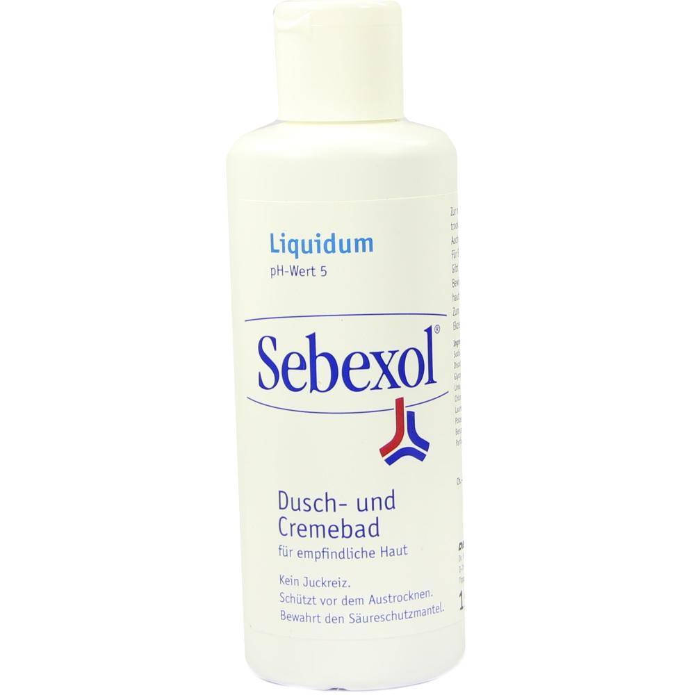 Wei&szlig;e Flasche mit Sebexol Dusch- und Cremebad f&uuml;r empfindliche Haut.