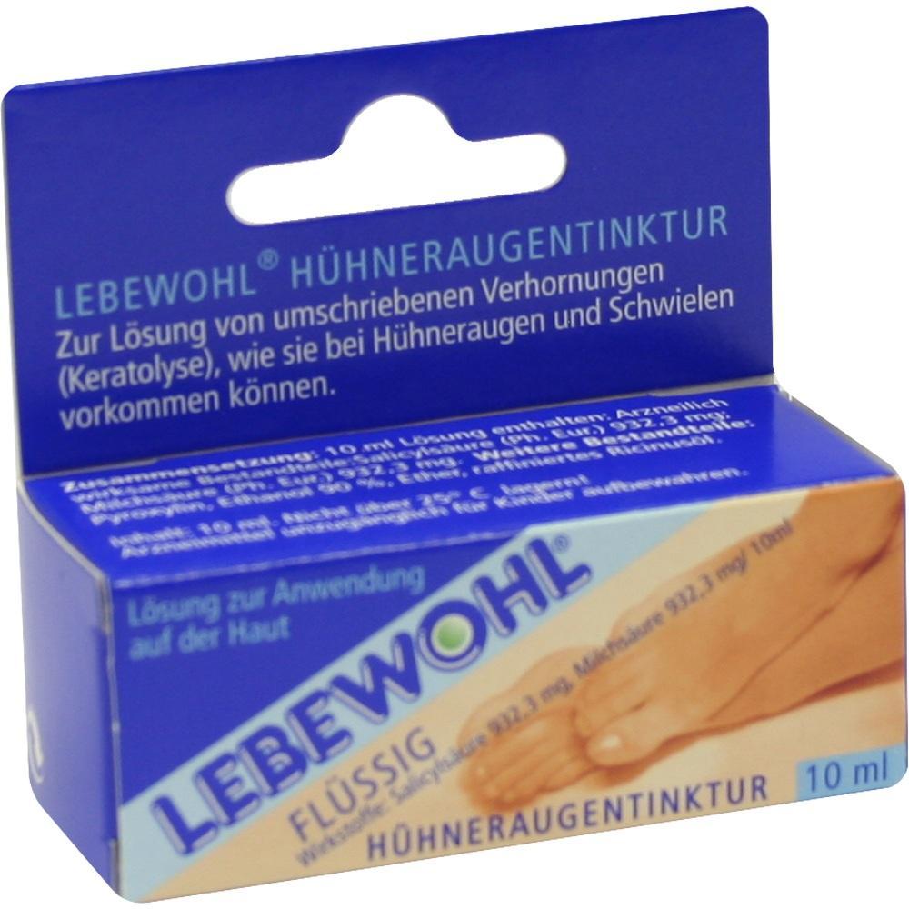 Eine blaue Schachtel der "Lebewohl H&uuml;hneraugentinktur" f&uuml;r die Hautpflege.