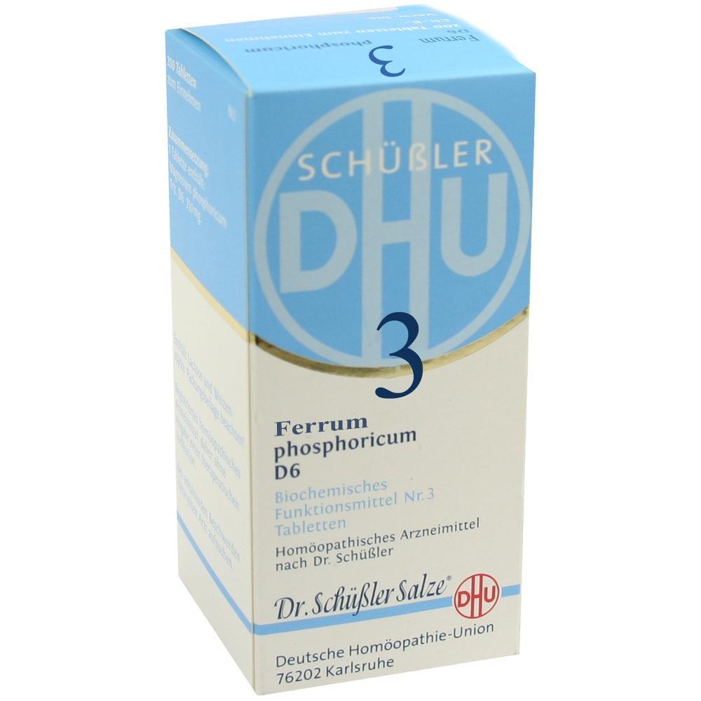 Blaue und wei&szlig;e Schachtel mit der Aufschrift "Ferrum phosphoricum D6, Nr. 3".
