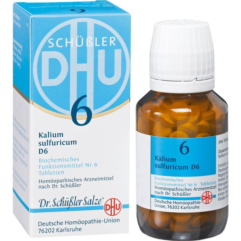 Eine Schachtel und Flasche mit hom&ouml;opathischem Mittel namens Kalium sulfuricum D6.