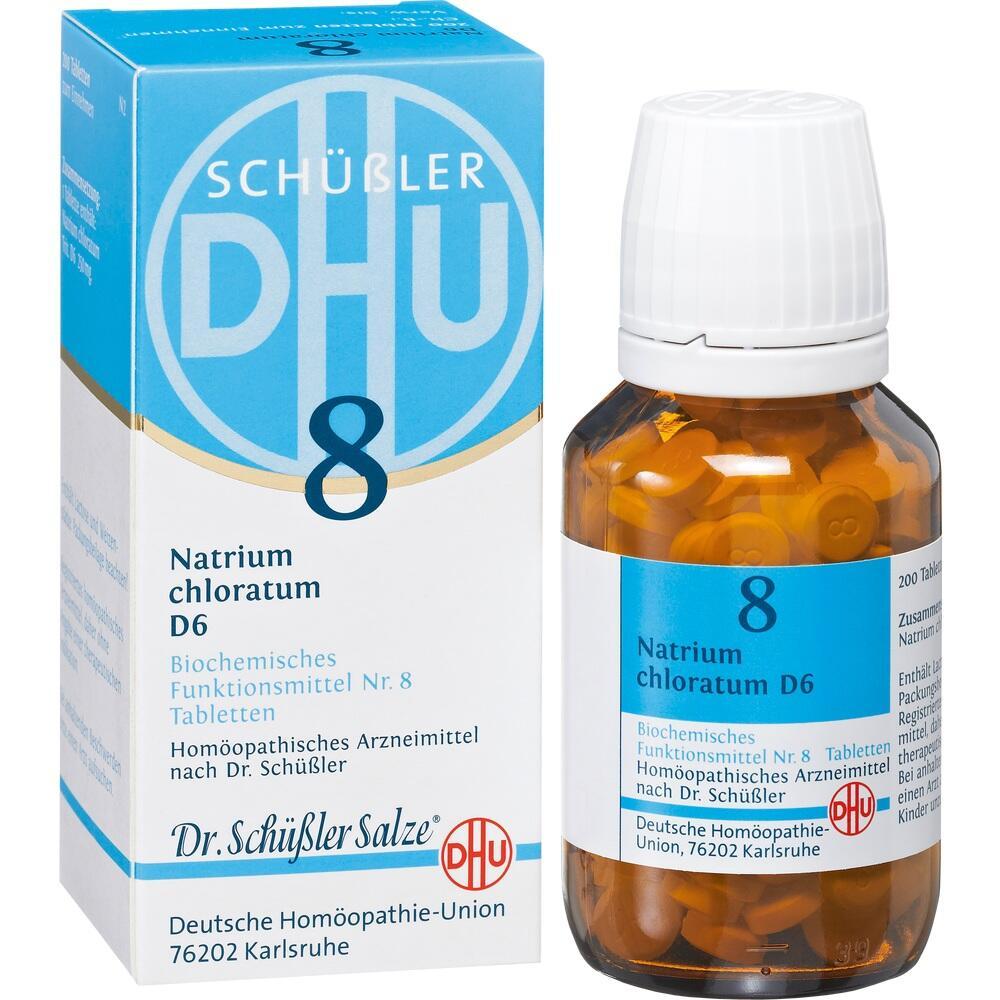 Eine Packung und ein Fl&auml;schchen mit Natrium chloratum D6 Tabletten.
