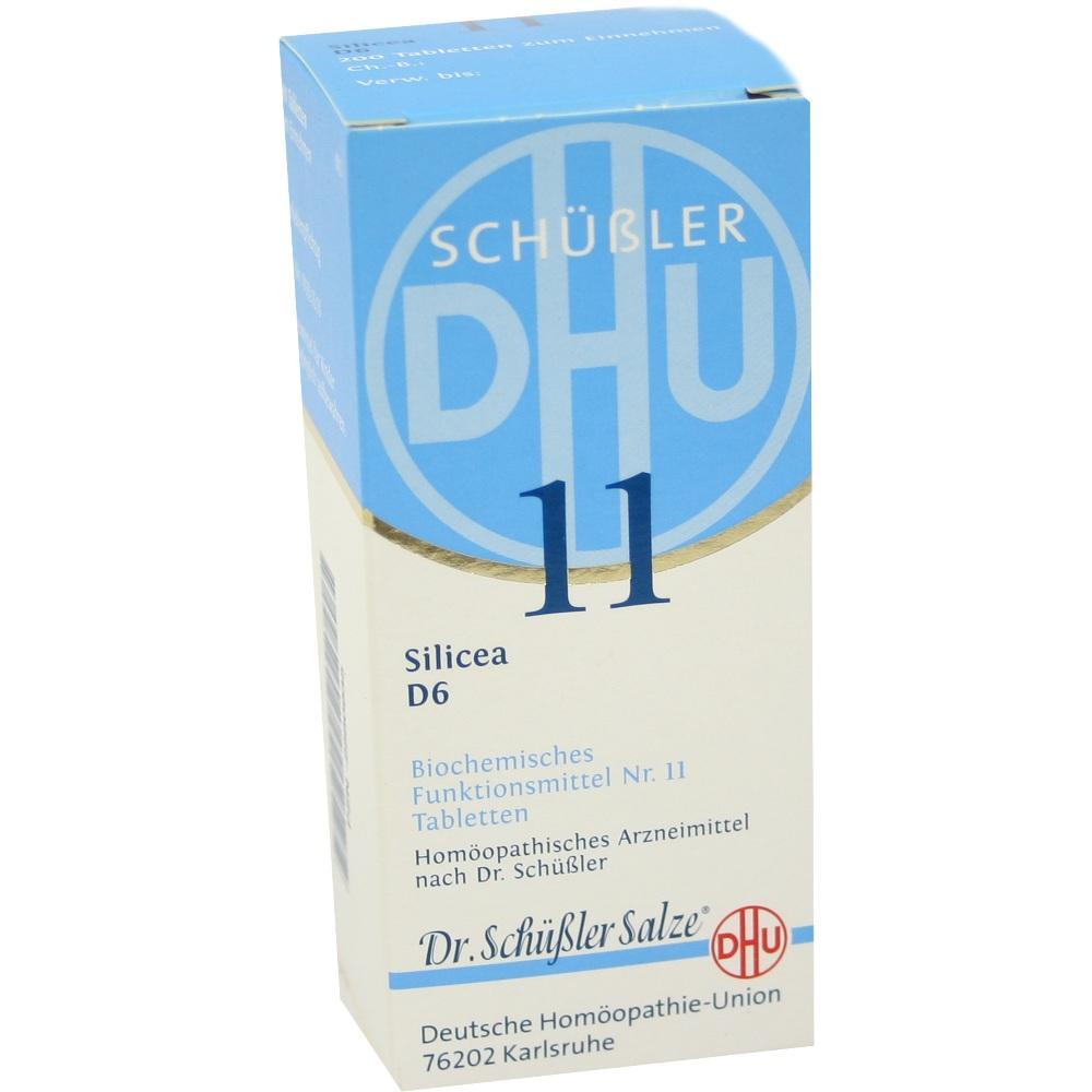 Die Packung zeigt Sch&uuml;&szlig;ler-Salze Nummer 11, Silicea D6 Tabletten.