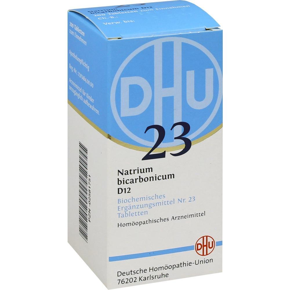 Schachtel mit hom&ouml;opathischen Tabletten von DHU, beschriftet mit "Natrium bicarbonicum D12".